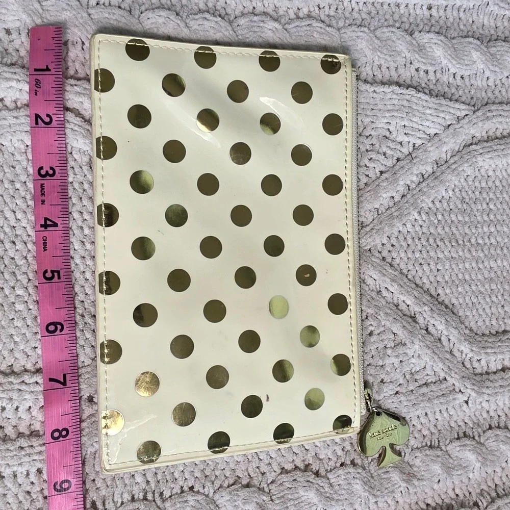 Kate Spade Gold Polka Dot Zipper Pouch Cream Gold Cosmetic Clutch Logo Charm